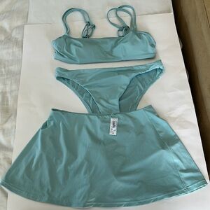 Andie NWT 3pc bikini swim top bottom skirt cablu aqua spaghetti adjust straps M